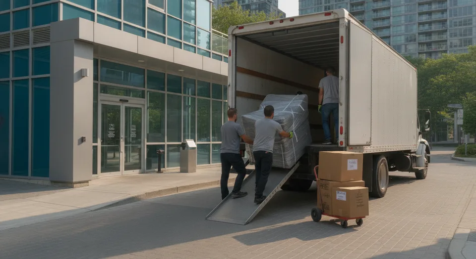 Moving crew loading wrapped furniture into a truck outside a Waterloo, Ontario apartment building